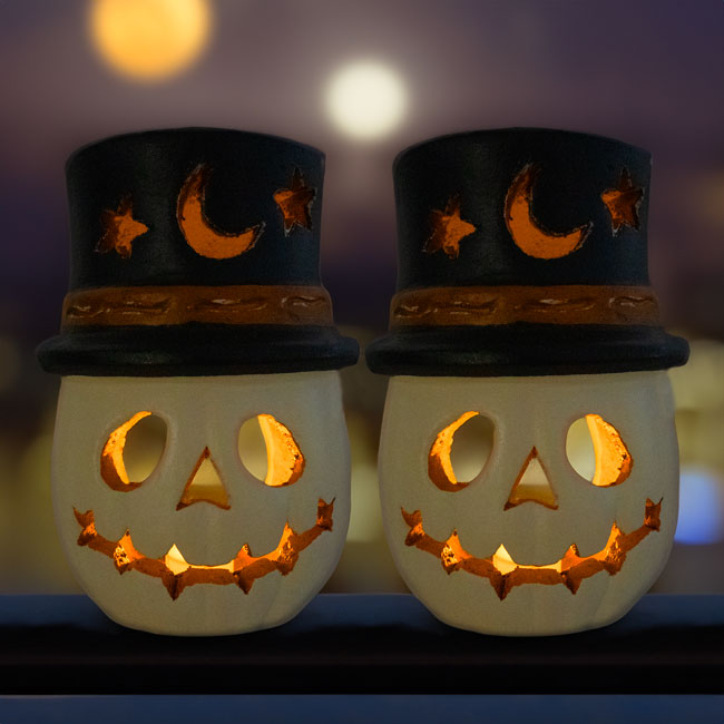 Artisanal Terra Cotta Warlock Jack-O-Lanterns, White, 2 Pack