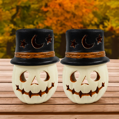 Artisanal Terra Cotta Warlock Jack-O-Lanterns, White, 2 Pack