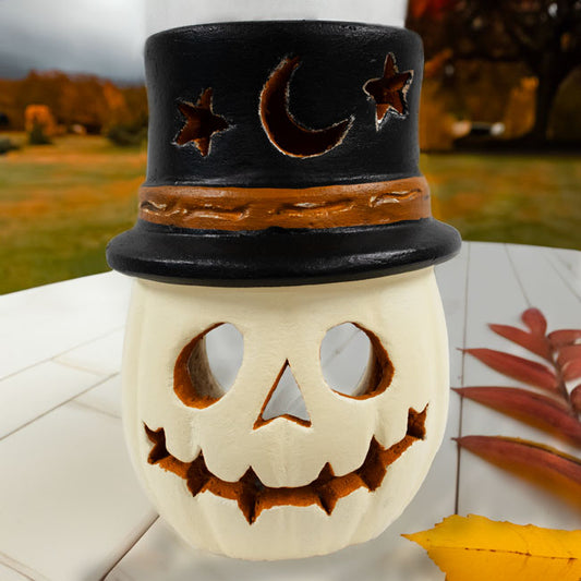 Artisanal Terra Cotta Warlock Jack-O-Lantern, White