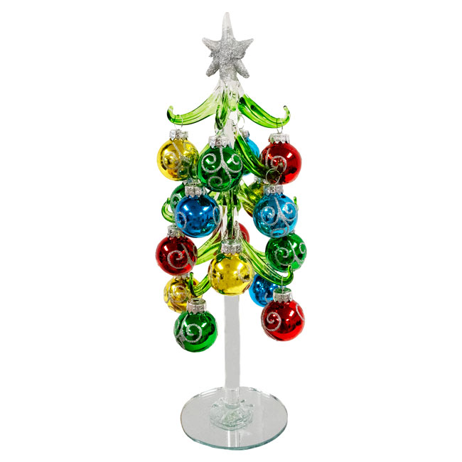 Glass Evergreen Tree and Ornaments w/Silver Glitter Accents