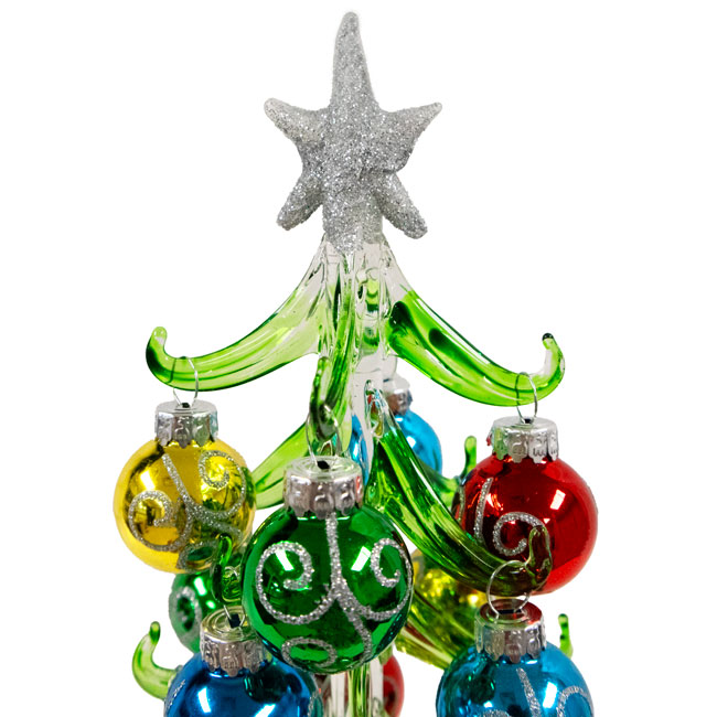 Glass Evergreen Tree and Ornaments w/Silver Glitter Accents