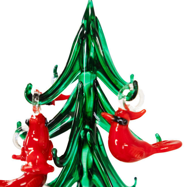 Glass Evergreen Tree with Cardinal Ornaments