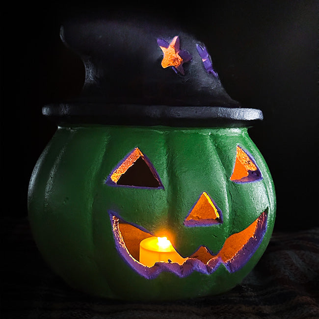 Artisanal Jack-O-Lantern with Witch Hat Luminary, Green