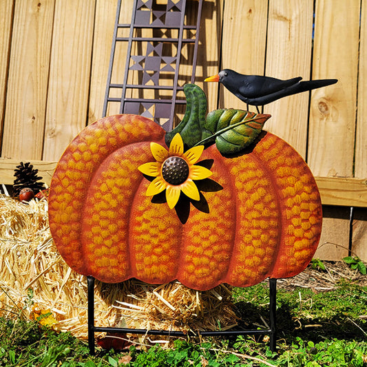 Land & Sea Metal Pumpkin with Sunflower and Bird Yard Art