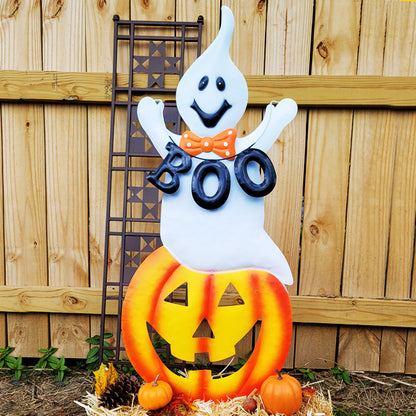 Land & Sea Metal Jack-O-Lantern with Boo Ghost Yard Art