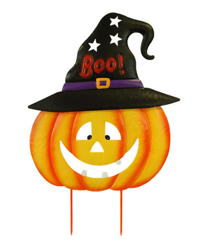 Land & Sea Metal Jack-O-Lantern with Boo Witch Hat Yard Art