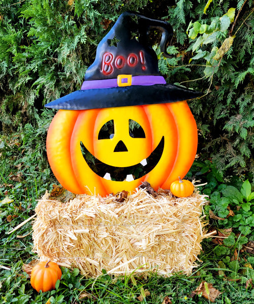 Land & Sea Metal Jack-O-Lantern with Boo Witch Hat Yard Art