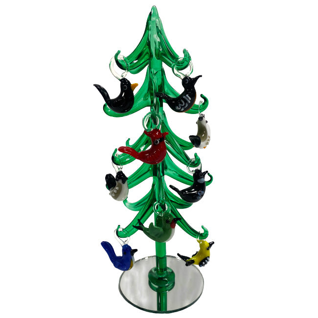 Glass Evergreen Tree with Assorted Bird Ornaments