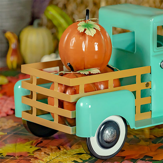 Zaer Country Style Iron Truck with Pumpkins, Antique Teal