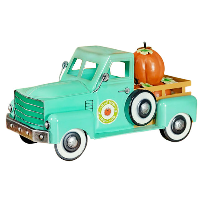 Zaer Country Style Iron Truck with Pumpkins, Antique Teal