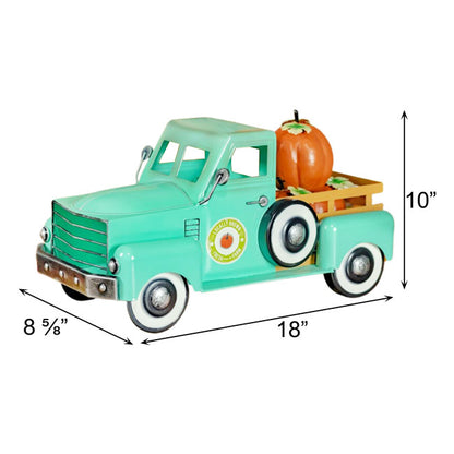 Zaer Country Style Iron Truck with Pumpkins, Antique Teal