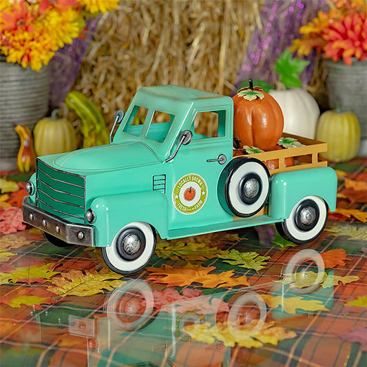 Zaer Country Style Iron Truck with Pumpkins, Antique Teal